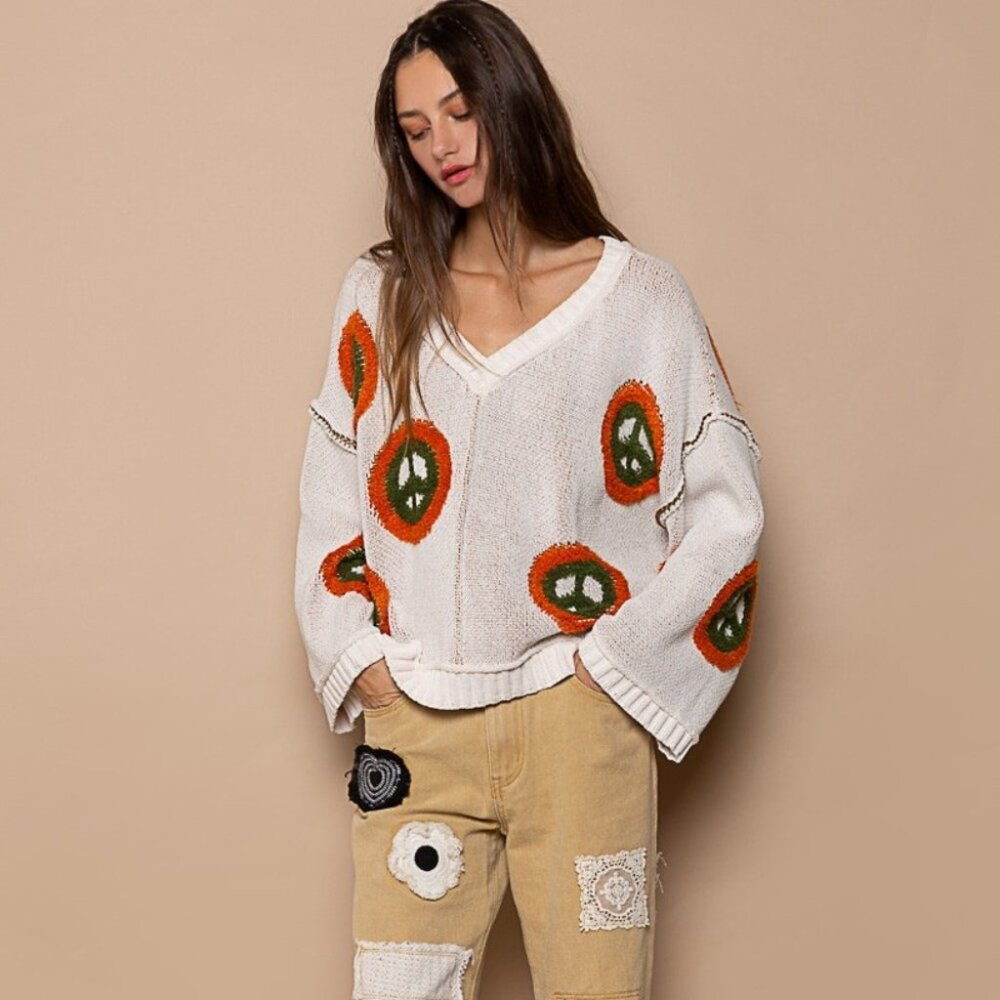 POL V Neck Long Sleeve Peace Pattern Sweater - Picture 4 of 4